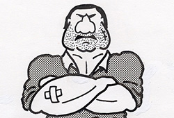 A rugby player, hand drawn with ink and shading added with Letraset tone transfers. 